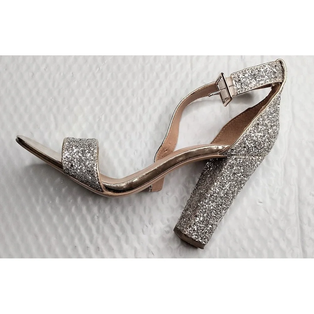 Mix No 6 Womens Glitter Block Heel‎ Ankle Strap Sandals Gold Silver size 8